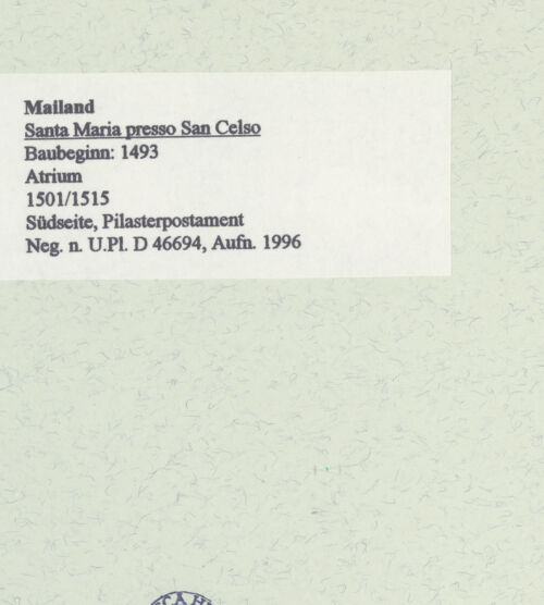 Rückseite von Bibliotheca Hertziana [https://www.deutsche-digitale-bibliothek.de/content/lizenzen/rv-fz/] Santa Maria presso San CelsoSudfassade - Pilasterpostament, bh461157_recto. Foto: Fichera, Gabriele.