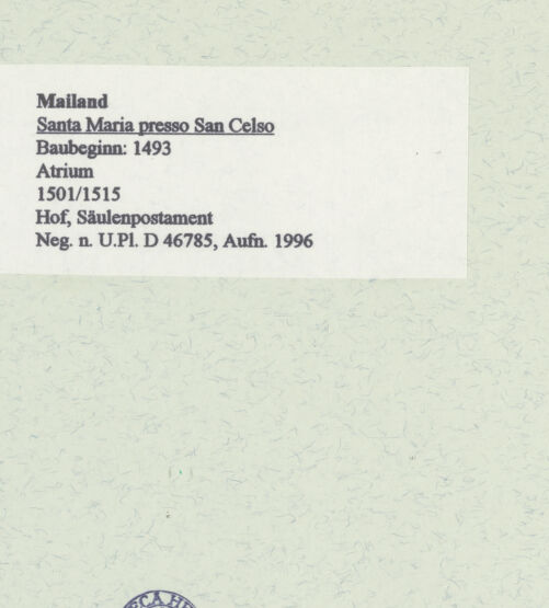 Rückseite von Bibliotheca Hertziana [https://www.deutsche-digitale-bibliothek.de/content/lizenzen/rv-fz/] Santa Maria presso San Celso - Säulenpostament, bh461158_recto. Foto: Fichera, Gabriele.