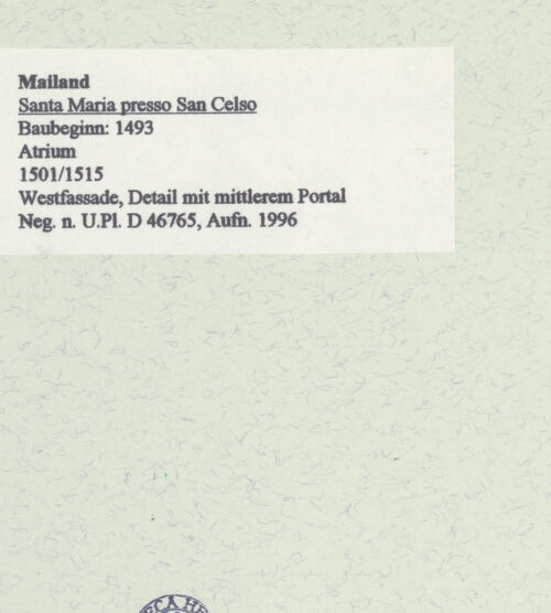 Rückseite von Bibliotheca Hertziana [https://www.deutsche-digitale-bibliothek.de/content/lizenzen/rv-fz/] Santa Maria presso San CelsoWestfassade - Detail mit mittlerem Portal, bh461159_recto. Foto: Fichera, Gabriele.