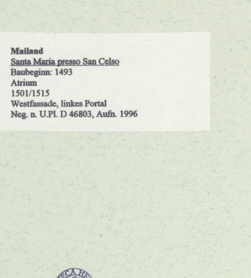 Rückseite von Bibliotheca Hertziana [https://www.deutsche-digitale-bibliothek.de/content/lizenzen/rv-fz/] Santa Maria presso San CelsoWestfassade - Linkes Portal, bh461160_recto. Foto: Fichera, Gabriele.