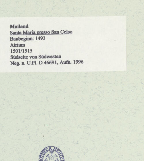 Rückseite von Bibliotheca Hertziana [https://www.deutsche-digitale-bibliothek.de/content/lizenzen/rv-fz/] Santa Maria presso San CelsoSudfassade - Ansicht von Südwesten, bh461162_recto. Foto: Fichera, Gabriele.