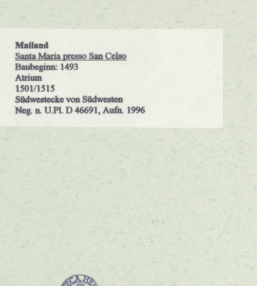 Rückseite von Bibliotheca Hertziana [https://www.deutsche-digitale-bibliothek.de/content/lizenzen/rv-fz/] Santa Maria presso San CelsoWestfassade - Südwestecke von Südwesten, bh461163_recto. Foto: Fichera, Gabriele.