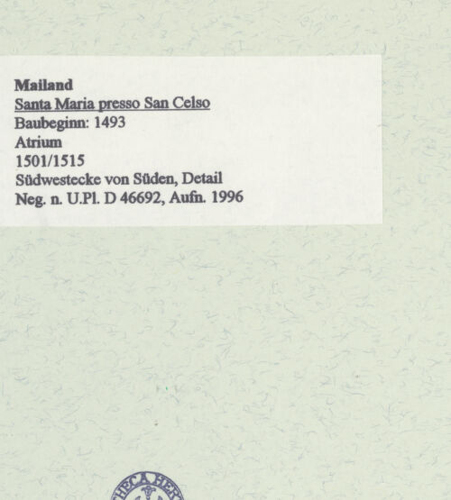 Rückseite von Bibliotheca Hertziana [https://www.deutsche-digitale-bibliothek.de/content/lizenzen/rv-fz/] Santa Maria presso San CelsoSudfassade - Südwestecke von Süden, Detail, bh461164_recto. Foto: Fichera, Gabriele.