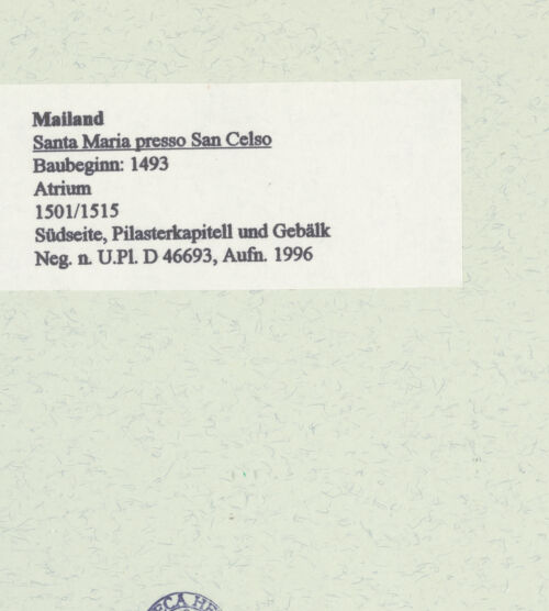 Rückseite von Bibliotheca Hertziana [https://www.deutsche-digitale-bibliothek.de/content/lizenzen/rv-fz/] Santa Maria presso San CelsoSudfassade - Pilasterkapitell und Gebälk, bh461166_recto. Foto: Fichera, Gabriele.