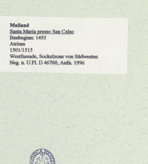 Rückseite von Bibliotheca Hertziana [https://www.deutsche-digitale-bibliothek.de/content/lizenzen/rv-fz/] Santa Maria presso San CelsoWestfassade - Sockelzone von Südwesten, bh461171_recto. Foto: Fichera, Gabriele.