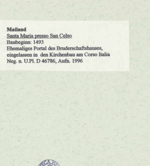 Rückseite von Bibliotheca Hertziana [https://www.deutsche-digitale-bibliothek.de/content/lizenzen/rv-fz/] Santa Maria presso San Celso - Ehemaliges Portal des Bruderschaftshauses, eingelassen in den Kirchenbau am Corso Italia, bh461174_recto. Foto: Fichera, Gabriele.