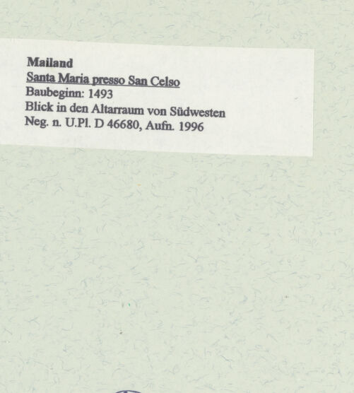 Rückseite von Bibliotheca Hertziana [https://www.deutsche-digitale-bibliothek.de/content/lizenzen/rv-fz/] Santa Maria presso San Celso - Blick in den Altarraum von Südwesten, bh461178_recto. Foto: Fichera, Gabriele.