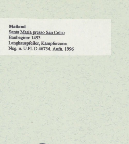 Rückseite von Bibliotheca Hertziana [https://www.deutsche-digitale-bibliothek.de/content/lizenzen/rv-fz/] Santa Maria presso San Celso - Langhauspfeiler, Kämpferzone, bh461180_recto. Foto: Fichera, Gabriele.