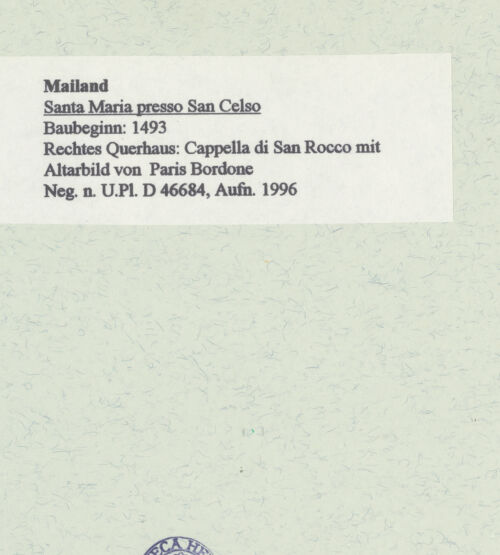 Rückseite von Bibliotheca Hertziana [https://www.deutsche-digitale-bibliothek.de/content/lizenzen/rv-fz/] Santa Maria presso San Celso - Rechtes Querhaus: Cappella di San Rocco mit Altarbild von Paris Bordone, bh461183_recto. Foto: Fichera, Gabriele.