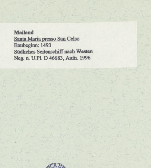 Rückseite von Bibliotheca Hertziana [https://www.deutsche-digitale-bibliothek.de/content/lizenzen/rv-fz/] Santa Maria presso San CelsoRechtes Seitenschiff (Südseitenschiff) - Südliches Seitenschiff nach Westen, bh461184_recto. Foto: Fichera, Gabriele.