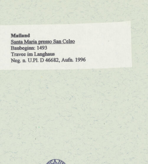 Rückseite von Bibliotheca Hertziana [https://www.deutsche-digitale-bibliothek.de/content/lizenzen/rv-fz/] Santa Maria presso San Celso - Travee im Langhaus, bh461185_recto. Foto: Fichera, Gabriele.