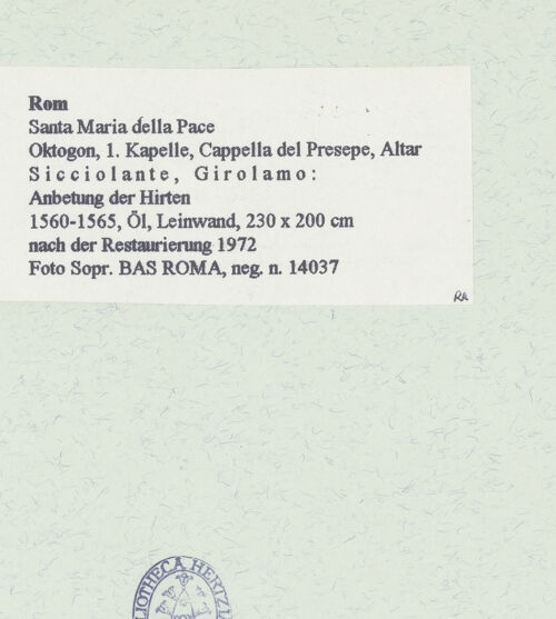 Rückseite von Sopr. BAS ROMA [https://www.deutsche-digitale-bibliothek.de/content/lizenzen/rv-ez/] Anbetung der Hirten - nach der Restaurierung 1972, bh461416_recto. Foto.