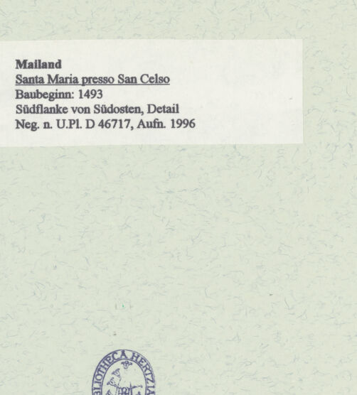 Rückseite von Bibliotheca Hertziana [https://www.deutsche-digitale-bibliothek.de/content/lizenzen/rv-fz/] Santa Maria presso San CelsoSüdfassade - Südflanke von Südosten, Detail, bh461478_recto. Foto: Fichera, Gabriele.