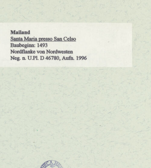 Rückseite von Bibliotheca Hertziana [https://www.deutsche-digitale-bibliothek.de/content/lizenzen/rv-fz/] Santa Maria presso San CelsoVierung und Kuppel - Kuppel und Nordflanke von Nordwesten, bh461485_recto. Foto: Fichera, Gabriele.
