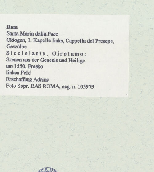 Rückseite von Sopr. BAS ROMA [https://www.deutsche-digitale-bibliothek.de/content/lizenzen/rv-ez/] Szenen aus der GenesisErschaffung Adams - , bh461577_recto. Foto.