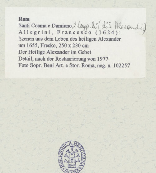 Rückseite von Sopr. BAS ROMA [https://www.deutsche-digitale-bibliothek.de/content/lizenzen/rv-ez/] Szenen aus dem Leben des heiligen Papstes Alexander I.Der heilige Alexander im Gebet - Detail, nach der Restaurierung von 1977, bh461966_recto. Foto.