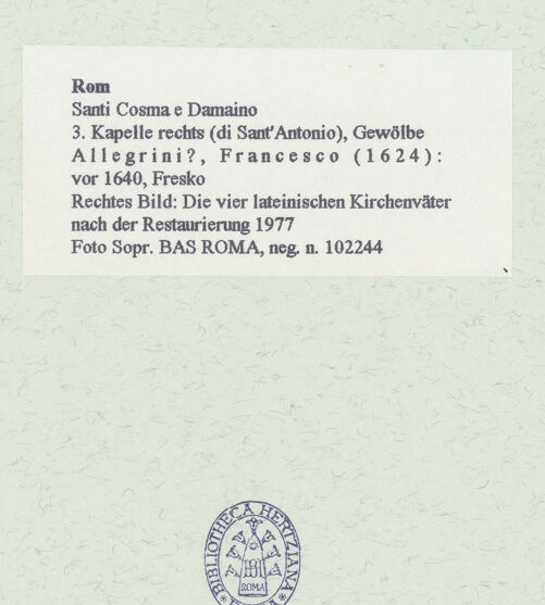 Rückseite von Sopr. BAS ROMA [https://www.deutsche-digitale-bibliothek.de/content/lizenzen/rv-ez/] GewölbemalereiRechtes Bild: Die vier lateinischen Kirchenväter - nach der Restaurierung 1977, bh462059_recto. Foto.