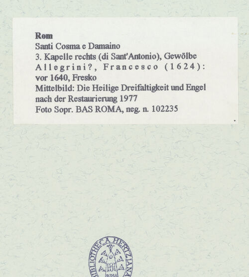 Rückseite von Sopr. BAS ROMA [https://www.deutsche-digitale-bibliothek.de/content/lizenzen/rv-ez/] GewölbemalereiMittelbild: Die Heilige Dreifaltigkeit und Engel - nach der Restaurierung 1977, bh462061_recto. Foto.
