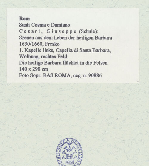 Rückseite von Sopr. BAS ROMA [https://www.deutsche-digitale-bibliothek.de/content/lizenzen/rv-ez/] Szenen aus dem Leben der heiligen BarbaraDie heilige Barbara flüchtet in die Felsen - , bh462285_recto. Foto.