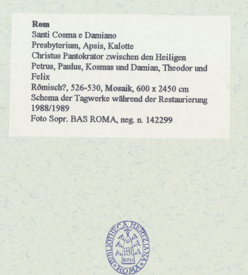 Rückseite von Sopr. BAS ROMA [https://www.deutsche-digitale-bibliothek.de/content/lizenzen/rv-ez/] Christus Pantokrator zwischen den Heiligen Petrus, Paulus, Kosmas und Damian, Theodor und Felix - Schema der Tagwerke während der Restaurierung 1988/1989, bh462332_recto. Foto.