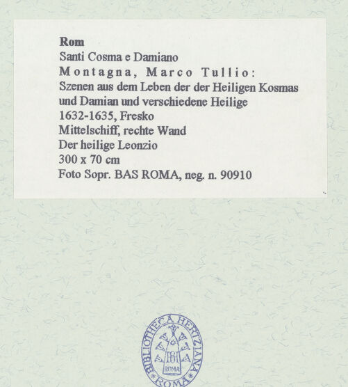 Rückseite von Sopr. BAS ROMA [https://www.deutsche-digitale-bibliothek.de/content/lizenzen/rv-ez/] Szenen aus dem Leben der der Heiligen Kosmas und Damian und verschiedene HeiligeDer heilige Leonzio - , bh462333_recto. Foto.