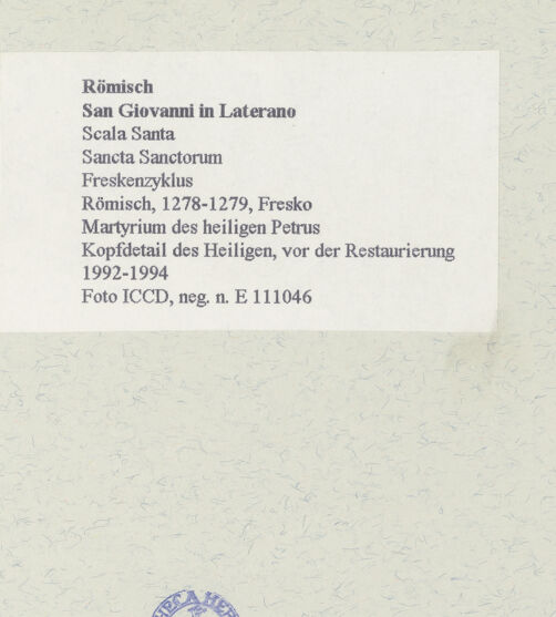 Rückseite von ICCD [https://www.deutsche-digitale-bibliothek.de/content/lizenzen/rv-ez/] FreskenzyklusMartyrium des heiligen Petrus - Kopfdetail des Heiligen, vor der Restaurierung 1992-1994, bh462626_recto. Foto.