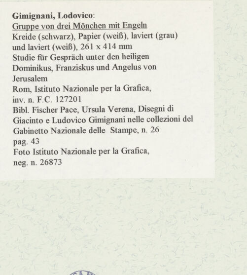 Rückseite von Istituto Nazionale per la Grafica [https://www.deutsche-digitale-bibliothek.de/content/lizenzen/rv-ez/] Gruppe von drei Mönchen mit Engeln - , bh463236_recto. Foto.