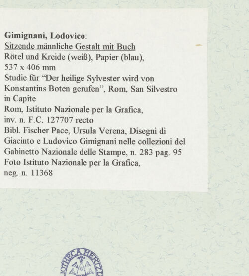 Rückseite von Istituto Nazionale per la Grafica [https://www.deutsche-digitale-bibliothek.de/content/lizenzen/rv-ez/] Sitzende männliche Gestalt mit Buch - , bh463301_recto. Foto.