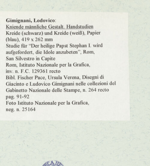 Rückseite von Istituto Nazionale per la Grafica [https://www.deutsche-digitale-bibliothek.de/content/lizenzen/rv-ez/] Kniende männliche Gestalt und Handstudien - , bh463316_recto. Foto.