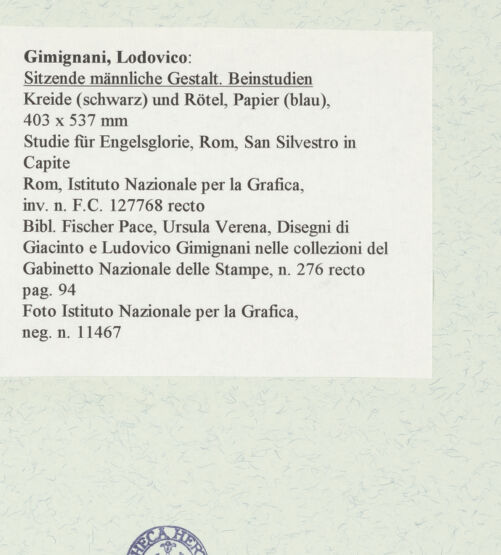 Rückseite von Istituto Nazionale per la Grafica [https://www.deutsche-digitale-bibliothek.de/content/lizenzen/rv-ez/] Sitzende männliche Gestalt und Beinstudien - , bh463323_recto. Foto.