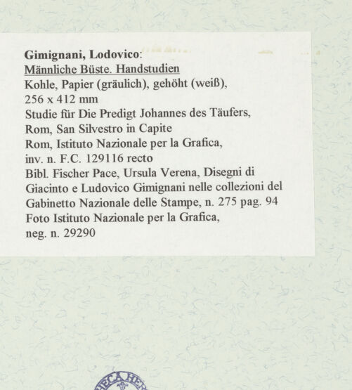 Rückseite von Istituto Nazionale per la Grafica [https://www.deutsche-digitale-bibliothek.de/content/lizenzen/rv-ez/] Männliche Büste und Handstudien - , bh463324_recto. Foto.