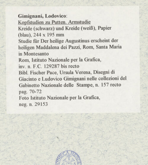 Rückseite von Istituto Nazionale per la Grafica [https://www.deutsche-digitale-bibliothek.de/content/lizenzen/rv-ez/] Kopfstudien zu Putten und Armstudie - , bh463513_recto. Foto.