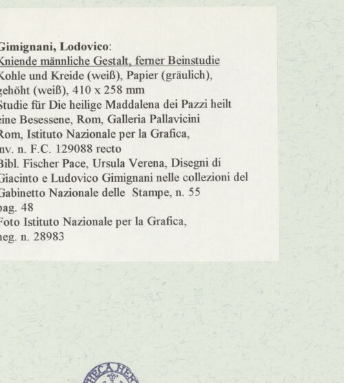 Rückseite von Istituto Nazionale per la Grafica [https://www.deutsche-digitale-bibliothek.de/content/lizenzen/rv-ez/] Kniende männliche Gestalt, ferner Beinstudie - , bh463568_recto. Foto.