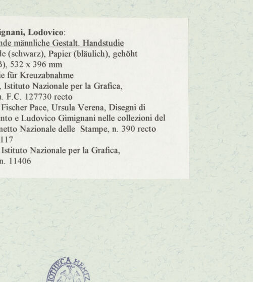 Rückseite von Istituto Nazionale per la Grafica [https://www.deutsche-digitale-bibliothek.de/content/lizenzen/rv-ez/] Kniende männliche Gestalt und Handstudie - , bh463594_recto. Foto.