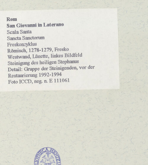 Rückseite von ICCD [https://www.deutsche-digitale-bibliothek.de/content/lizenzen/rv-ez/] FreskenzyklusSteinigung des heiligen Stephanus - Detail: Gruppe der Steinigenden, vor der Restaurierung 1992-1994, bh463696_recto. Foto.