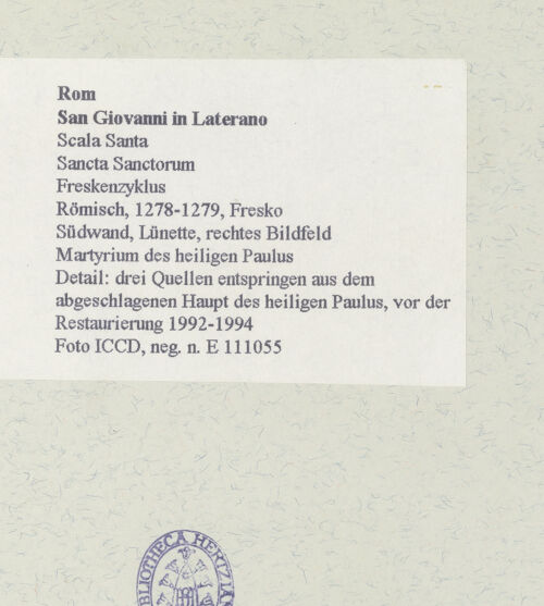 Rückseite von ICCD [https://www.deutsche-digitale-bibliothek.de/content/lizenzen/rv-ez/] FreskenzyklusMartyrium des heiligen Paulus - Detail: drei Quellen entspringen aus dem abgeschlagenen Haupt des heiligen Paulus, vor der Restaurierung 1992-1994, bh463710_recto. Foto.