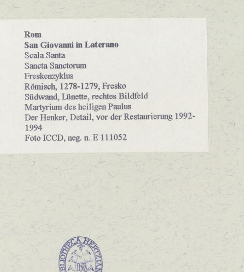 Rückseite von ICCD [https://www.deutsche-digitale-bibliothek.de/content/lizenzen/rv-ez/] FreskenzyklusMartyrium des heiligen Paulus - Der Henker, Detail, vor der Restaurierung 1992-1994, bh463712_recto. Foto.