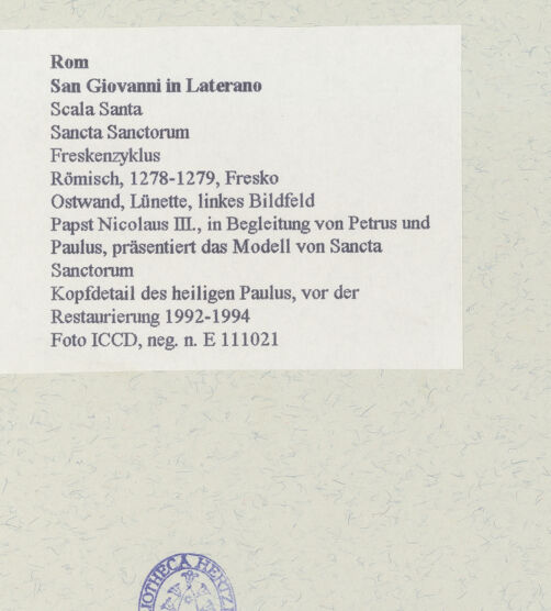 Rückseite von ICCD [https://www.deutsche-digitale-bibliothek.de/content/lizenzen/rv-ez/] FreskenzyklusPapst Nikolaus III., in Begleitung von Petrus und Paulus, präsentiert das Modell von Sancta Sanctorum - Kopfdetail des heiligen Paulus, vor der Restaurierung 1992-1994, bh463731_recto. Foto.