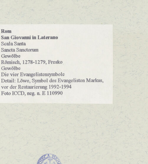 Rückseite von ICCD [https://www.deutsche-digitale-bibliothek.de/content/lizenzen/rv-ez/] FreskenzyklusDie vier Evangelistensymbole - Detail: Löwe, Symbol des Evangelisten Markus, vor der Restaurierung, bh463941_recto. Foto.