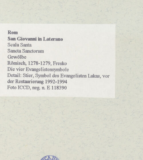Rückseite von ICCD [https://www.deutsche-digitale-bibliothek.de/content/lizenzen/rv-ez/] FreskenzyklusDie vier Evangelistensymbole - Detail: Stier, Symbol des Evangelisten Lukas, vor der Restaurierung, bh463948_recto. Foto.