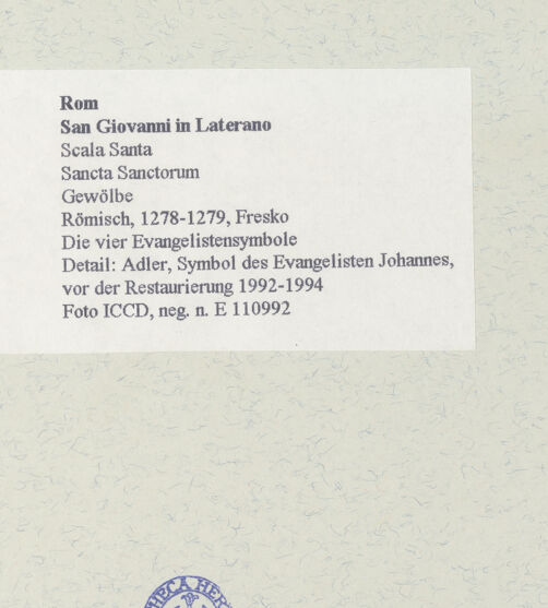 Rückseite von ICCD [https://www.deutsche-digitale-bibliothek.de/content/lizenzen/rv-ez/] FreskenzyklusDie vier Evangelistensymbole - Detail: Adler, Symbol des Evangelisten Johannes, vor der Restaurierung, bh463949_recto. Foto.