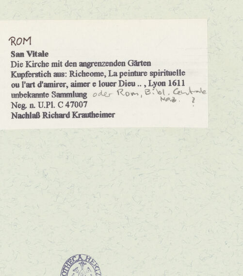 Rückseite von Bibliotheca Hertziana [https://www.deutsche-digitale-bibliothek.de/content/lizenzen/rv-fz/] La peinture spirituelle ou l'art d'amirer, aimer e louer Dieu ..., Lyon 1611Die Kirche San Vitale mit den angrenzenden Gärten - , bh463968_recto. Foto.