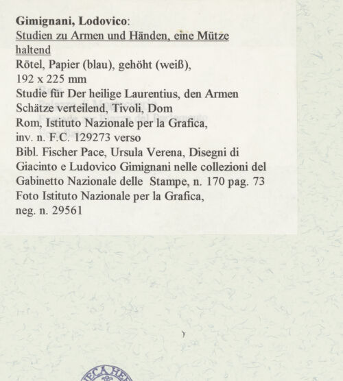 Rückseite von Istituto Nazionale per la Grafica [https://www.deutsche-digitale-bibliothek.de/content/lizenzen/rv-ez/] Studien zu Armen und Händen, eine Mütze haltend - , bh464037_recto. Foto.