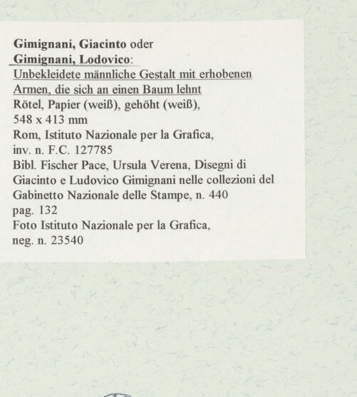 Rückseite von Istituto Nazionale per la Grafica [https://www.deutsche-digitale-bibliothek.de/content/lizenzen/rv-ez/] Unbekleidete männliche Gestalt mit erhobenen Armen, die sich an einen Baum lehnt - , bh464352_recto. Foto.
