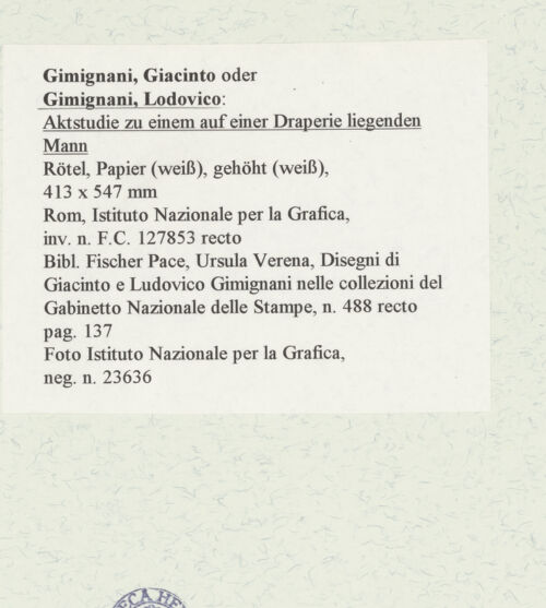 Rückseite von Istituto Nazionale per la Grafica [https://www.deutsche-digitale-bibliothek.de/content/lizenzen/rv-ez/] Aktstudie zu einem auf einer Draperie liegenden Mann - , bh464379_recto. Foto.