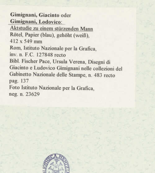Rückseite von Istituto Nazionale per la Grafica [https://www.deutsche-digitale-bibliothek.de/content/lizenzen/rv-ez/] Aktstudie zu einem stürzenden Mann - , bh464384_recto. Foto.
