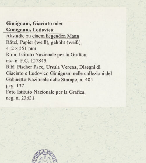 Rückseite von Istituto Nazionale per la Grafica [https://www.deutsche-digitale-bibliothek.de/content/lizenzen/rv-ez/] Aktstudie zu einem liegenden Mann - , bh464385_recto. Foto.