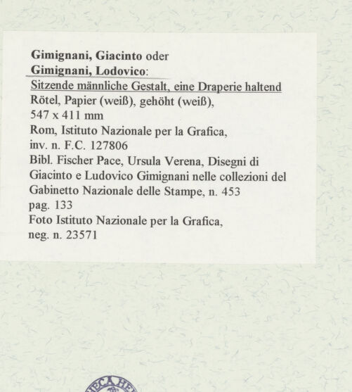 Rückseite von Istituto Nazionale per la Grafica [https://www.deutsche-digitale-bibliothek.de/content/lizenzen/rv-ez/] Sitzende männliche Gestalt, eine Draperie haltend - , bh464410_recto. Foto.