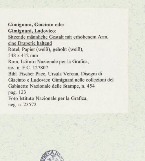 Rückseite von Istituto Nazionale per la Grafica [https://www.deutsche-digitale-bibliothek.de/content/lizenzen/rv-ez/] Sitzende männliche Gestalt mit erhobenem Arm, eine Draperie haltend - , bh464411_recto. Foto.