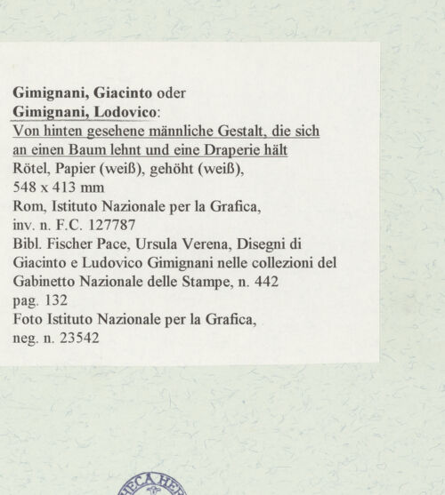 Rückseite von Istituto Nazionale per la Grafica [https://www.deutsche-digitale-bibliothek.de/content/lizenzen/rv-ez/] Von hinten gesehene männliche Gestalt, die sich an einen Baum lehnt und eine Draperie hält - , bh464419_recto. Foto.